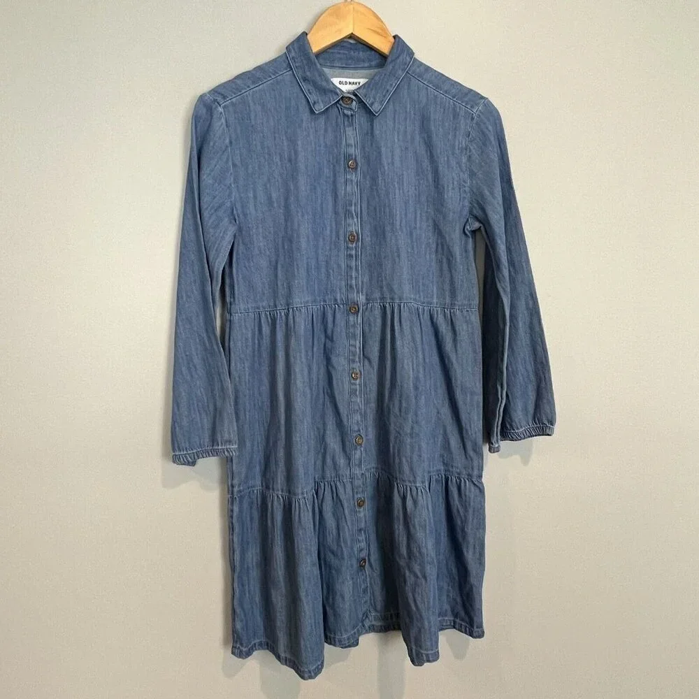 Old Navy Long Sleeve Denim Dress Chambray Tiered Girls Size XL NWT